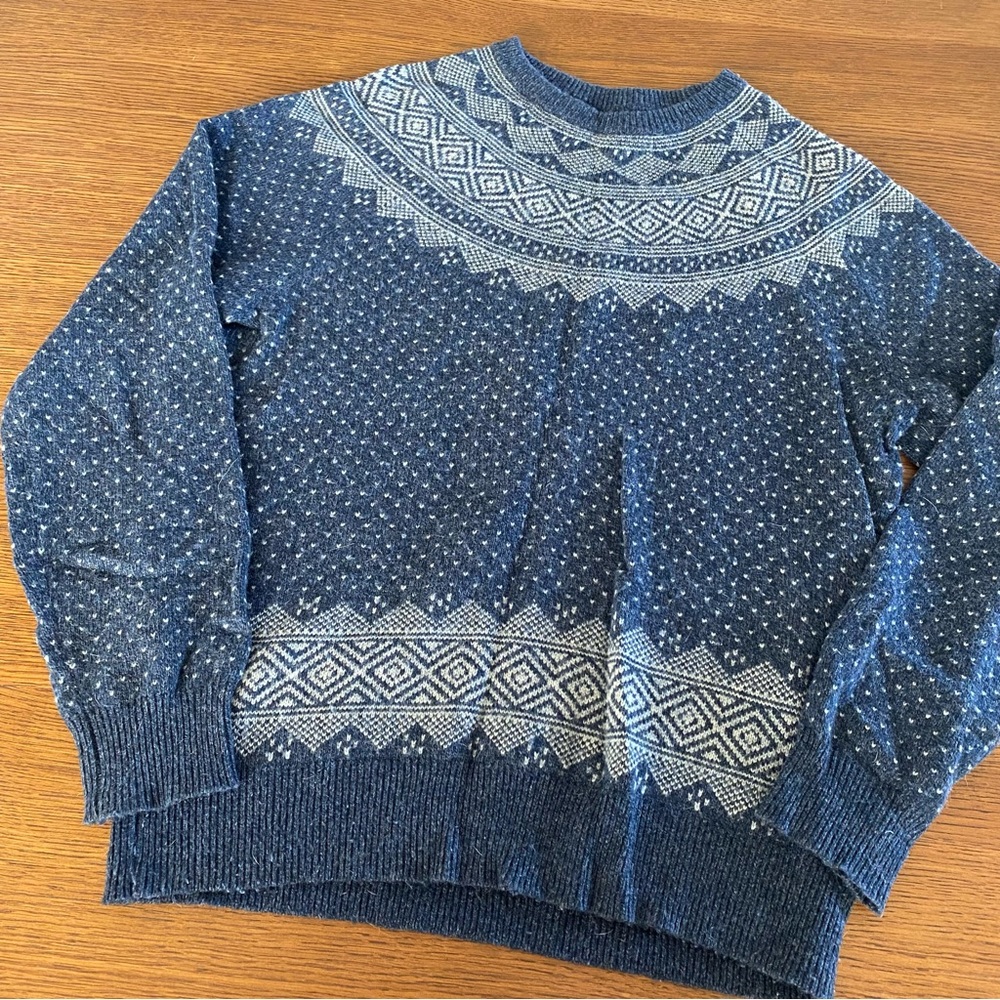 J Crew Factory Fair Isle Navy Blue Raglan Crewneck Sweater
